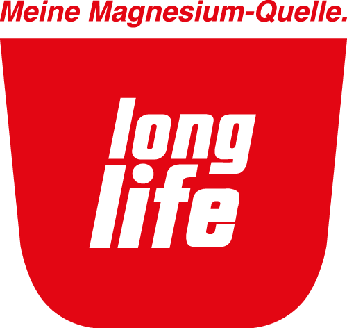 Rotes Logo von Long Life, einem magnesiumreichen Mineralwasser aus der Steiermark