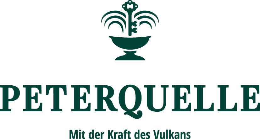 Illustrierter Brunnen: Logo von Peterquelle einem natürlichen Mineralwasser aus dem steirischen Vulkanland