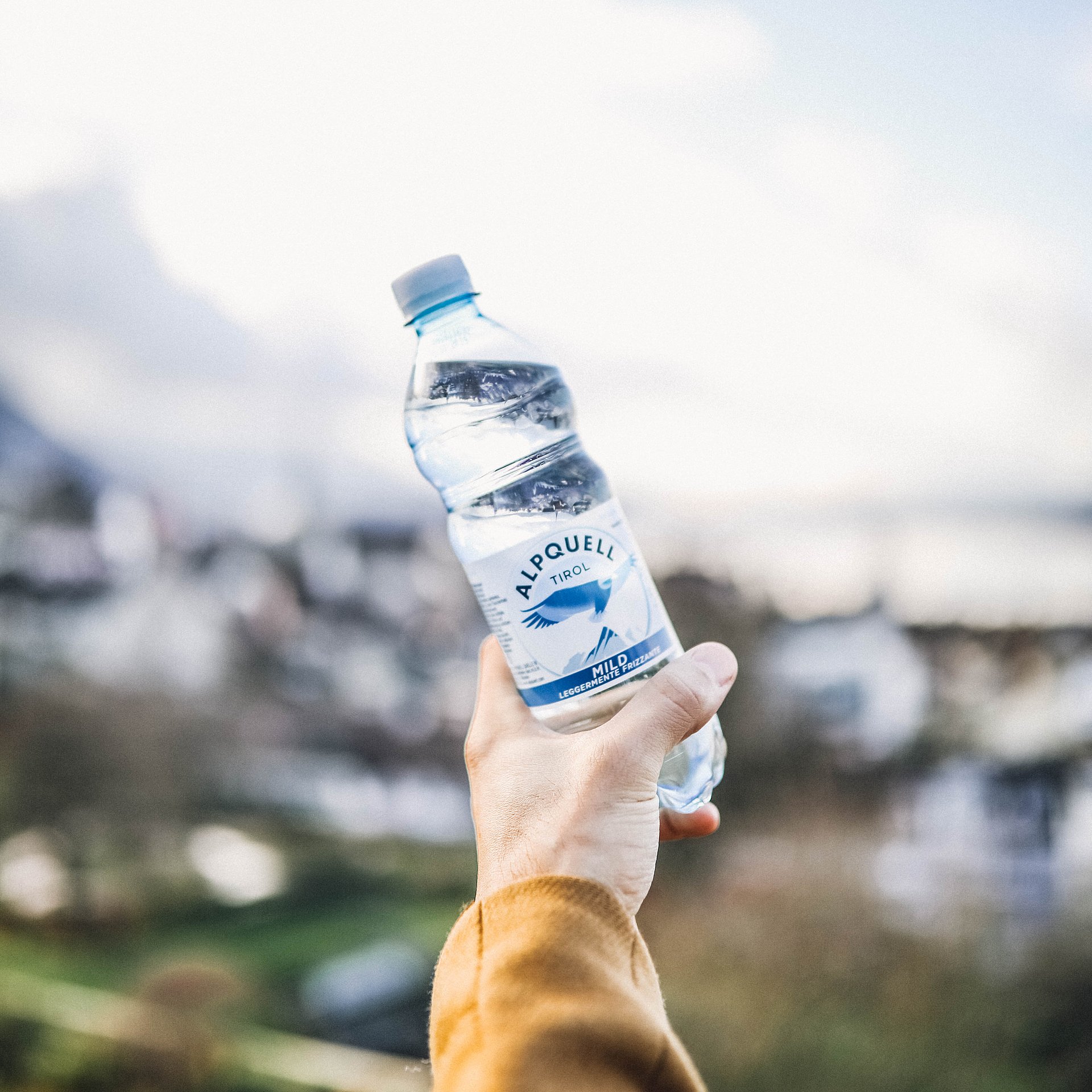Natürliches Mineralwasser von ALPQUELL in der praktischen 0,5-Liter-Flasche vor einer Bergkulisse.